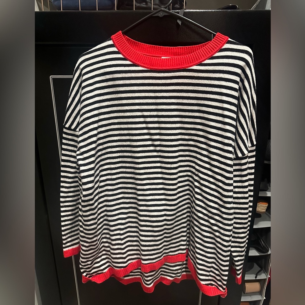 Striped Crewneck Sweater with Red Trim